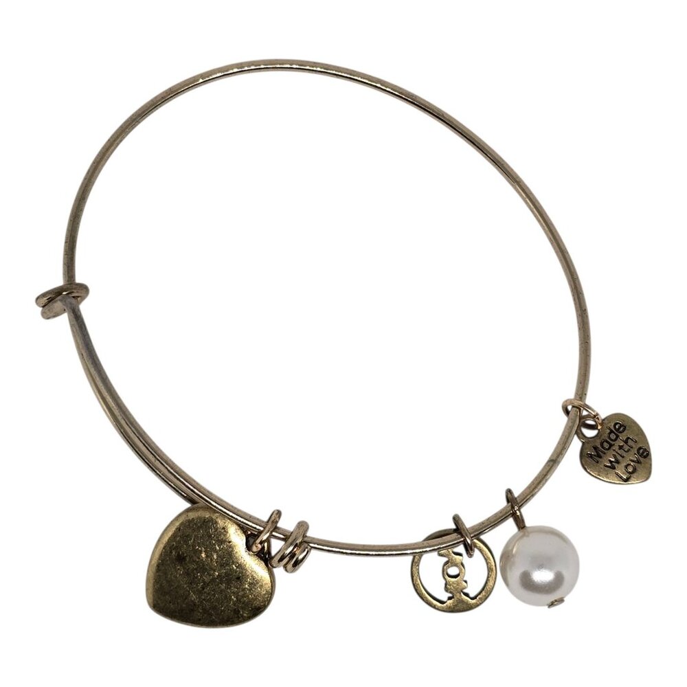 Gold-Tone‎ Bangle Bracelet With Heart Charms Faux Pearl "Made With Love" Pendant